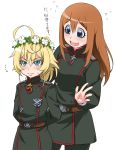  2girls ahoge annoyed arms_behind_back belt blonde_hair blue_eyes blush epaulettes hair_between_eyes head_wreath iron_cross long_hair long_sleeves military military_uniform multiple_girls open_mouth short_hair smile sweatdrop tanya_degurechaff translated uniform upper_body viktoriya_ivanovna_serebryakov white_background youjo_senki youkan 