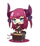  1girl :d blue_eyes chibi commentary_request dragon_girl dragon_horns dragon_tail fang fate/extra fate/extra_ccc fate_(series) holding horns kneeling lancer_(fate/extra_ccc) looking_at_viewer microphone nuu_(nu-nyu) open_mouth pointy_ears purple_hair short_hair smile solo speaker tail 