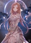  1girl asuna_(sao) breastplate brown_eyes brown_hair butterfly dress floating_hair full_moon gloves hair_ornament holding holding_sword holding_weapon long_hair looking_at_viewer moon outdoors pointy_ears signature solo standing sword sword_art_online uuhui weapon white_dress white_gloves 