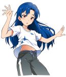  1girl absurdres akizuki_ritchan blue_hair brown_eyes cowboy_shot flat_chest highres idolmaster kisaragi_chihaya long_hair looking_at_viewer navel shirt simple_background solo sweatdrop t-shirt white_background 