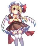  1girl alternate_costume blonde_hair blush bow brown_dress crystal demon_wings dress eyebrows_visible_through_hair flandre_scarlet frilled_shirt_collar frills gift hat hat_ribbon head_tilt heart-shaped_box highres holding holding_gift janne_cherry knees_together_feet_apart long_hair looking_at_viewer mob_cap puffy_short_sleeves puffy_sleeves rainbow_order red_bow red_eyes red_ribbon ribbon sash short_sleeves side_ponytail solo standing tareme thigh-highs thigh_gap touhou valentine w_arms white_hat white_legwear wings zettai_ryouiki 