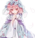  1girl bangs blue_kimono blush bow eyebrows_visible_through_hair finger_to_mouth frills hands_in_sleeves hat japanese_clothes kimono long_sleeves looking_at_viewer mob_cap neck_ribbon pink_hair red_eyes ribbon saigyouji_yuyuko simple_background sleeves_past_wrists solo sorani_(kaeru0768) touhou triangular_headpiece veil white_background wide_sleeves 