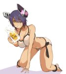  1girl alcohol arm_support ass beer beer_mug bikini breasts collarbone cup eyepatch grin halterneck headgear holding holding_cup kantai_collection kneeling large_breasts looking_at_viewer navel necktie panties purple_hair sandals shadow short_hair simple_background smile solo swimsuit tenryuu_(kantai_collection) tokiwa_mmm underwear white_background white_bikini white_panties yellow_eyes 