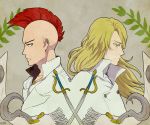  2boys artist_name back-to-back bald bazz-b bleach blonde_hair blue_eyes earrings green_eyes jewelry jugram_haschwalth leaf long_hair male_focus mohawk multiple_boys necklace redhead ronisuke solo sword upper_body weapon 