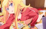  1girl all_fours barefoot blonde_hair blue_eyes blush bottle breasts coke_bottle computer downblouse eyebrows_visible_through_hair gabriel_dropout jacket laptop long_hair long_sleeves looking_at_viewer messy_hair messy_room no_bra no_pants open_mouth solo tenma_gabriel_white track_jacket watanabe_mai water_bottle 