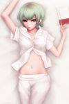  1girl black_sclera book eto_(tokyo_ghoul) green_eyes groin heterochromia highres lips looking_at_viewer lying midriff miura-n315 navel on_back raised_eyebrows red_eyes russian short_hair solo tokyo_ghoul twitter_username 