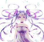  1girl choker collarbone dress eyebrows_visible_through_hair hair_ribbon hatsune_miku highres long_hair looking_at_viewer off_shoulder open_mouth pink_ribbon purple_ribbon ribbon ribbon_choker sakurai_sakurako silver_hair simple_background sleeveless sleeveless_dress solo upper_body very_long_hair violet_eyes vocaloid white_background white_dress 