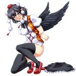  1girl arms_behind_back black_hair black_legwear black_skirt black_wings blush breasts feathered_wings full_body geta hat looking_at_viewer medium_breasts ootsuki_wataru pointy_ears pom_pom_(clothes) puffy_short_sleeves puffy_sleeves red_eyes red_shoes shameimaru_aya shibari shoes short_hair short_sleeves skirt skirt_removed solo thigh-highs tiptoes tokin_hat touhou transparent_background wings 