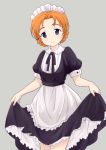  1girl alternate_costume apron bangs black_bow black_dress black_ribbon blue_eyes bow braid closed_mouth cowboy_shot dress enmaided girls_und_panzer grey_background hair_bow light_smile looking_at_viewer maid maid_apron maid_headdress orange_hair orange_pekoe parted_bangs puffy_short_sleeves puffy_sleeves ribbon short_hair short_sleeves simple_background skirt_hold solo standing tied_hair twin_braids viscount_shishamo 