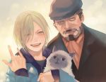  2boys \m/ beard blonde_hair cat eyes_visible_through_hair facial_hair grandfather_and_grandson green_eyes grey_hair hair_over_one_eye hat hood hoodie male_focus glasses_(artist) multiple_boys nikolai_plisetsky open_mouth smile upper_body yuri!!!_on_ice yuri_plisetsky 