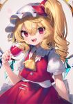  1girl :d ambiguous_red_liquid ascot blonde_hair commentary_request cowboy_shot crystal cup drinking_glass fangs flandre_scarlet frilled_shirt_collar frills gunjou_row hat highres holding holding_cup long_hair looking_at_viewer mob_cap nail_polish one_side_up open_mouth puffy_short_sleeves puffy_sleeves red_eyes red_nails red_skirt red_vest shirt short_sleeves skirt smile solo teeth touhou upper_teeth vest white_shirt wings yellow_ascot 
