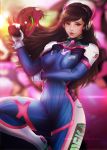  1girl acronym animal_print bangs blue_bodysuit blurry blurry_background bodysuit bokeh boots bracer breasts breasts_apart brown_eyes brown_hair bunny_print crossed_arms d.va_(overwatch) depth_of_field deviantart_username divineimmortality eyelashes facepaint facial_mark finger_on_trigger gloves gun hand_up headphones leg_up long_hair long_sleeves mecha medium_breasts meka_(overwatch) nose one_leg_raised overwatch parted_lips pauldrons pilot_suit pink_lips ribbed_bodysuit shoulder_pads skin_tight solo standing standing_on_one_leg teeth thigh-highs thigh_boots thigh_strap turtleneck weapon whisker_markings white_boots white_gloves 