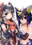  2girls absurdres animal_ears armor bag bangs bare_shoulders black_gloves blue_hair blue_skirt blush bracelet breasts brown_eyes closed_mouth collarbone covered_navel elbow_gloves eyebrows_visible_through_hair fingerless_gloves floating_hair gloves gradient gradient_background hair_between_eyes hair_ribbon hand_holding hand_on_another&#039;s_chest handbag headgear highres interlocked_fingers jewelry jie_laite leotard long_hair looking_at_viewer looking_to_the_side midriff multicolored multicolored_clothes multicolored_skirt multiple_girls navel open_mouth orange_ribbon original pink_background red_eyes ribbon shiny shiny_clothes shiny_hair shiny_skin short_hair sidelocks silver_hair skirt small_breasts smile standing stomach very_long_hair white_background 