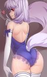  1girl animal_ears ass back bare_shoulders cowboy_shot elbow_gloves fox_tail from_behind gloves heart highres index_finger_raised iwbitu-sa long_hair looking_at_viewer looking_back original purple_hair red_eyes shoulder_blades slit_pupils smile striped striped_legwear tail thigh-highs white_gloves 