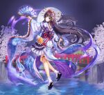  1girl architecture back_bow black_hair blue_eyes bow bridge cherry_blossoms dual_wielding east_asian_architecture floral_print folding_fan full_body full_moon hair_ornament hair_ribbon hair_stick hand_fan holding holding_fan japanese_clothes kimono long_hair looking_back lunacle moon night night_sky obi official_art red_ribbon revived_witch ribbon sash sky solo thigh_strap water wide_sleeves yukata 