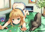  1girl ahoge all_fours barefoot bed_sheet black_cat blonde_hair blurry cat eyebrows_visible_through_hair fate/stay_night fate_(series) green_eyes hellnyaa highres saber short_hair smile solo stretch 