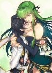  1boy 1girl breasts c.c. cleavage code_geass creayus detached_sleeves dress earrings eyebrows_visible_through_hair garter_straps green_hair hand_holding hand_on_another&#039;s_head interlocked_fingers jewelry large_breasts lelouch_lamperouge long_hair smile strapless strapless_dress yellow_eyes 