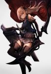  1girl arisa_(shadowverse) arrow belt black_boots black_gloves blonde_hair blue_vest boots bow_(weapon) breasts cape closed_mouth elbow_gloves fletches gloves gradient gradient_background green_eyes grey_skirt hairband high_heel_boots high_heels holding holding_weapon inaba_sunimi long_hair looking_at_viewer medium_breasts pointy_ears quiver red_cape red_hairband red_ribbon ribbon shadowverse sheath sheathed skirt sleeveless smile solo sword thigh-highs thigh_boots vest weapon zettai_ryouiki 