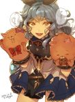  1girl :d animal_ears bangs blue_hair breasts cerberus_(shingeki_no_bahamut) cerberus_(shingeki_no_bahamut)_(cosplay) cosplay cowboy_shot dress erun_(granblue_fantasy) ferry_(granblue_fantasy) granblue_fantasy hand_puppet long_hair looking_at_viewer open_mouth puppet round_teeth simple_background sleeveless sleeveless_dress small_breasts smile solo speech_bubble teeth translated wavy_hair yatsugiri yellow_eyes 
