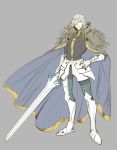 1boy armor cape cosplay edmond_dantes_(fate/grand_order) enmiria excalibur_galatine fate/extra fate/grand_order fate_(series) gawain_(fate/extra) gawain_(fate/extra)_(cosplay) looking_at_viewer male_focus short_hair simple_background solo sword wavy_hair weapon white_hair yellow_eyes 
