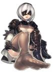  1girl absurdres blindfold breasts brown_legwear cleavage feet fengmo highres medium_breasts mole mole_under_mouth nier_(series) nier_automata open_mouth pov_feet short_hair simple_background smile soles solo thigh-highs thighs toes white_background white_hair yorha_no._2_type_b 