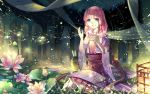  1girl blue_eyes ekira_nieto eyebrows_visible_through_hair forest highres kneeling long_hair nature night open_mouth original outdoors pink_flower pink_hair sky solo star_(sky) starry_sky tree 