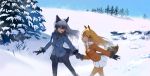  2girls :d :o animal_ears bangs black_gloves blonde_hair blue_sky bow bowtie buttons cold day eye_contact eyelashes fox_ears fox_tail from_side fur_trim gloves grey_hair hair_between_eyes highres kemono_friends kita_kitsune long_hair long_sleeves looking_at_another multicolored_hair multiple_girls necktie open_mouth orange_eyes outdoors outstretched_arm outstretched_arms pantyhose pine_tree pleated_skirt pocket profile rock scenery shirt sidelocks silver_fox_(kemono_friends) skirt sky smile snow tail tareme tree treeware two-tone_hair walking 
