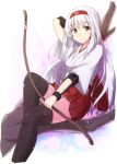  1girl black_legwear bow_(weapon) hairband hakama_skirt in_tree japanese_clothes kantai_collection long_hair mashayuki nontraditional_miko pleated_skirt red_skirt shoukaku_(kantai_collection) sitting sitting_in_tree skirt smile solo thigh-highs tree weapon white_hair yellow_eyes 