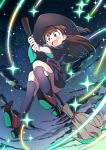  1girl :d akko_kagari bangs blunt_bangs blush boots broom broom_riding brown_hair clouds contrapposto eyebrows_visible_through_hair glowing happy hat knee_boots light_particles little_witch_academia long_hair looking_at_viewer night open_mouth red_eyes sky smile solo star_(sky) starry_sky tears thighs ume_(plumblossom) white_background wide_sleeves witch witch_hat 