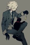  1boy cat edmond_dantes_(fate/grand_order) fate/grand_order fate_(series) grey_background hat highres jacket male_focus short_hair simple_background smile solo wavy_hair white_hair 