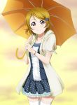  1girl blush brown_hair collarbone frilled_skirt frills hair_ornament highres holding holding_umbrella koizumi_hanayo looking_at_viewer love_live! love_live!_school_idol_project mell_ast short_hair skirt smile solo thigh-highs umbrella violet_eyes zettai_ryouiki 
