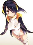  1girl bangs black_hair blush breasts collar crotch drawstring emperor_penguin_(kemono_friends) eyelashes from_above grin hair_over_one_eye hatching_(texture) headphones highres hood hooded_jacket jacket kemono_friends large_breasts leotard long_sleeves looking_at_viewer looking_up multicolored_hair navel nuqura open_clothes open_jacket outline red_eyes shadow short_hair sidelocks simple_background smile socks solo streaked_hair teeth thigh-highs tsurime turtleneck white_background white_leotard 