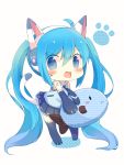  1girl absurdly_long_hair blue_eyes blue_hair blush cat_ear_headphones cat_tail chibi fish hatsune_miku headphones highres long_hair looking_at_viewer necktie open_mouth simple_background skirt solo tail thigh-highs twintails ushiina very_long_hair vocaloid white_background 
