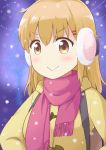  &gt;:&gt; 1girl backpack bag brown_eyes brown_hair coat commentary_request doyagao earmuffs hair_ornament hairclip harunatsu_akito highres long_hair looking_at_viewer original scarf smile smug snowing solo winter_clothes winter_coat 