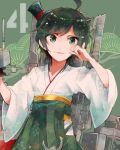  1girl ahoge anchor bangs black_hair furisode green_eyes green_hakama gun hakama hat itomugi-kun japanese_clothes kantai_collection kimono looking_at_viewer machinery matsukaze_(kantai_collection) meiji_schoolgirl_uniform mini_hat mini_top_hat number open_mouth short_hair solo swept_bangs top_hat wavy_hair weapon white_kimono 