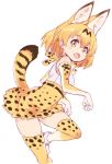  1girl animal_ears bangs bare_shoulders blonde_hair blush cat_ears cat_tail elbow_gloves eyebrows_visible_through_hair from_side gloves hair_between_eyes kawata_hisashi kemono_friends looking_at_viewer looking_to_the_side open_mouth serval_(kemono_friends) serval_ears serval_tail short_hair simple_background skirt sleeveless smile solo tail thigh-highs white_background yellow_eyes 