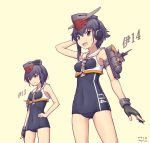  2girls asymmetrical_hair black_hair brown_eyes character_name cowboy_shot dated gloves hair_between_eyes hand_on_hip hat headphones highres i-13_(kantai_collection) i-14_(kantai_collection) kantai_collection leaning_forward looking_at_viewer multiple_girls mumyoudou open_mouth partly_fingerless_gloves sailor_collar school_swimsuit short_hair single_glove standing swimsuit twitter_username 