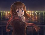  1girl blue_eyes brown_hair city coat hand_up happy lens_flare long_hair looking_at_viewer looking_to_the_side night night_sky ocean okakan open_mouth original outdoors railing reflection scarf sky smile solo star_(sky) upper_body wind 
