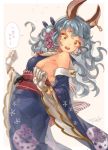  1girl animal_ears armpits backless_outfit bangs bare_shoulders blue_hair breasts dated earrings erun_(granblue_fantasy) ferry_(granblue_fantasy) floral_print flying_sweatdrops ghost gloves granblue_fantasy hair_ornament japanese_clothes jewelry kimono long_hair necklace o_o obi open_mouth salute sash sideboob simple_background small_breasts solo speech_bubble translated twitter_username wavy_hair yatsugiri yellow_eyes 