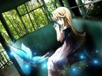  1girl blonde_hair blue_eyes butterfly dress forest holding long_hair nature original outdoors ruins sitting solo suemizu_yuzuki tree 