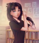  1girl adjusting_hair black_hair blue_eyes book bookshelf brown_hair fate/stay_night fate_(series) highres looking_at_viewer miura-n315 parted_lips safe solo tohsaka_rin twintails type-moon 