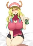  1girl bare_shoulders baseball_cap beer_can between_legs bike_shorts black_shorts blonde_hair blue_hair blush breasts can cleavage cleavage_cutout collarbone covered_navel dragon_girl dragon_horns drunk eyebrows_visible_through_hair eyelashes gradient gradient_hair green_hair hair_between_eyes hand_between_legs hat heart heart_cutout holding holding_can horns kobayashi-san_chi_no_maidragon large_breasts long_hair looking_at_viewer multicolored_hair on_bed open_mouth pink_hat pink_shirt quetzalcoatl_(maidragon) ribbed_shirt shirt shorts simple_background sitting sitting_on_bed sleeveless sleeveless_shirt smile solo teru_(renkyu) turtleneck white_background 