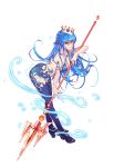  1girl ass athena_chronicles blue_hair bracelet breasts cleavage crown full_body hair_ornament highres jewelry leaning_forward long_hair looking_at_viewer midriff necklace original pink_eyes polearm poseidon smile solo standing trident weapon xion32 