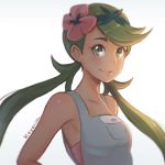  1girl armpits artist_name bare_shoulders blush breasts closed_mouth collarbone dark_skin flower green_eyes green_hair green_hairband hair_flower hair_ornament hairband koyorin long_hair looking_at_viewer low_twintails mallow_(pokemon) overalls pokemon pokemon_(game) pokemon_sm small_breasts smile tareme thick_eyebrows twintails upper_body 