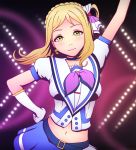  1girl aozora_jumping_heart arm_above_head belt blonde_hair blush breasts choker dutch_angle earrings gloves green_eyes hand_on_hip highres jewelry love_live! love_live!_sunshine!! medium_breasts midriff miura-n315 navel ohara_mari ribbon_choker smile solo 