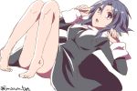  1girl :o blue_eyes blue_hair breasts cassock ciel feet hatayanagi_shizuku ighs looking_at_viewer lying melty_blood on_back open_mouth short_hair sketch solo th tsukihime twitter_username white_background 
