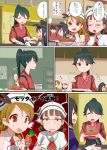  akatsuki_(kantai_collection) bare_shoulders black_hair brown_eyes brown_hair character_request comic constricted_pupils flat_cap food fork glasses hat high_ponytail houshou_(kantai_collection) japanese_clothes kantai_collection kusaka_souji light_brown_hair littorio_(kantai_collection) necktie open_mouth plate red_eyes roma_(kantai_collection) school_uniform serafuku sleeveless smile sweat translation_request 