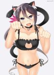  1girl akebono_(kantai_collection) animal_ears bell bell_choker black_bra black_panties bra breasts cat_cutout cat_ear_panties cat_ears cat_lingerie cat_tail choker cleavage_cutout flower foreshortening hair_bell hair_flower hair_ornament jingle_bell kankitsunabe_(citrus) kantai_collection long_hair meme_attire navel panties paw_pose purple_hair side-tie_panties side_ponytail simple_background small_breasts solo tail underwear underwear_only very_long_hair violet_eyes 
