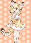  1girl animal_ears bare_shoulders blonde_hair blush bow bowtie cat_ears cat_tail elbow_gloves gloves highres itamochi kemono_friends multicolored_hair sand_cat_(kemono_friends) short_hair skirt solo tail yellow_eyes 