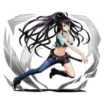  1girl asymmetrical_legwear black_eyes black_hair blue_pants breasts collarbone crop_top denim divine_gate floating_hair full_body grey_ribbon groin high_ponytail kanzaki_kaori large_breasts long_hair midriff navel official_art one_leg_raised pants shadow sheath shirt short_sleeves solo tied_shirt to_aru_majutsu_no_index torn_clothes torn_pants transparent_background ucmm very_long_hair white_shirt 